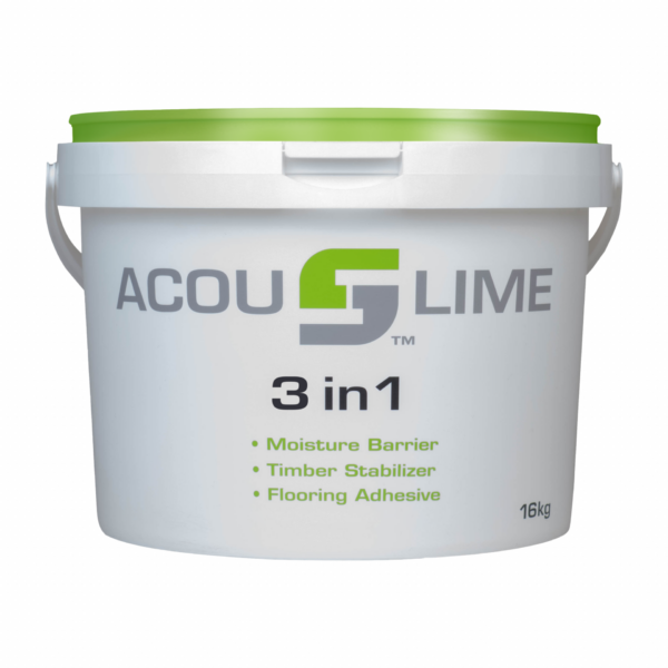 Acouslime 3 in 1 adhesive. Moisture barrier, timber stabiliser and adhesive. 16 kilogram tub.
