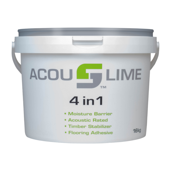 Acouslime 4 in 1 adhesive. Moisture barrier, acoustic rated, timber stabiliser and adhesive. 16 kilogram tub.