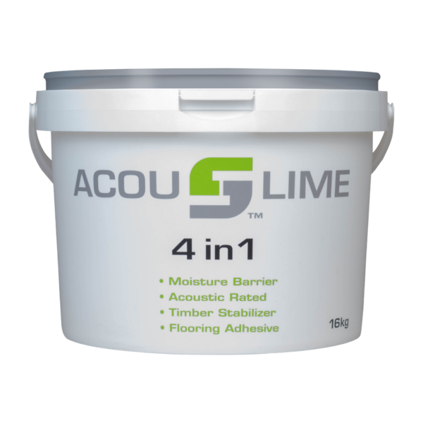 Acouslime 4 in 1 adhesive. Moisture barrier, acoustic rated, timber stabiliser and adhesive. 16 kilogram tub.